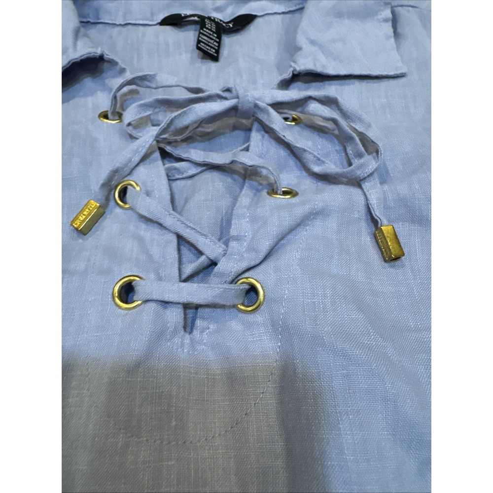 Ellen Tracy 100% Linen Lace Up Tunic Top Blue Roll Tab Sleeve Plus 1X Coastal